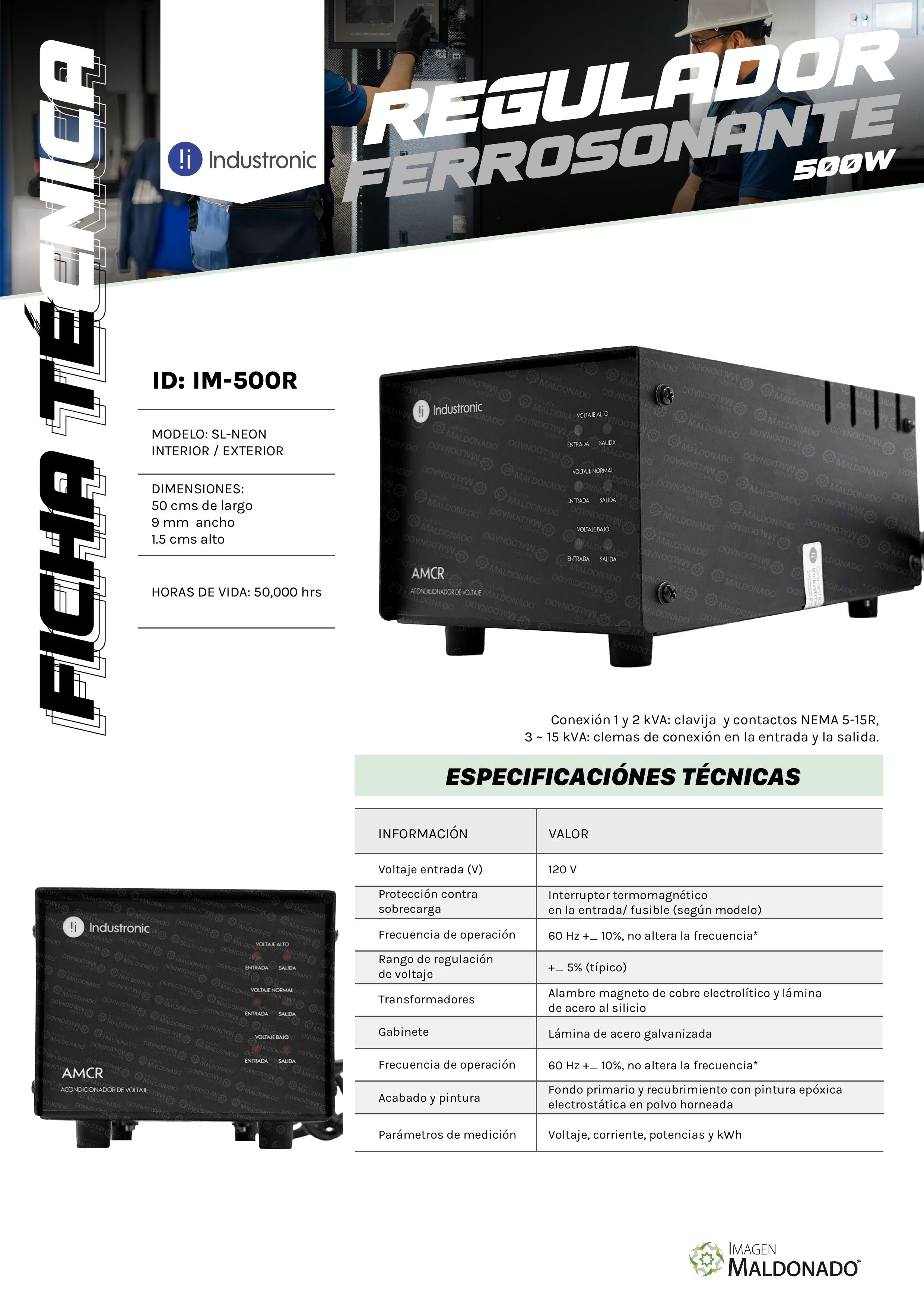 IM-500R Regulador Voltaje Ferrosonante 500w Para Preciadores Pwm Acondicionador De Voltaje Monofásico En 120 V, 1 ~ 15 Kva Amcr 5100