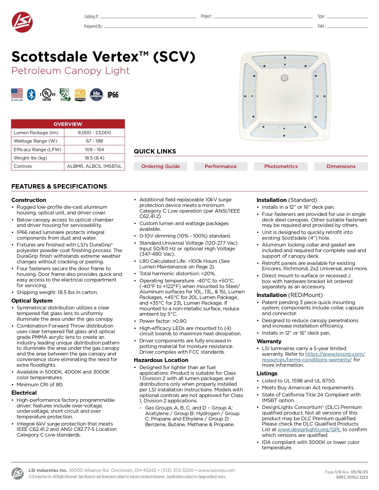 SCV-LED13L-SC Luminaria Para Techumbre Vertex 13443 Lumenes 90 Watts Importado Usa