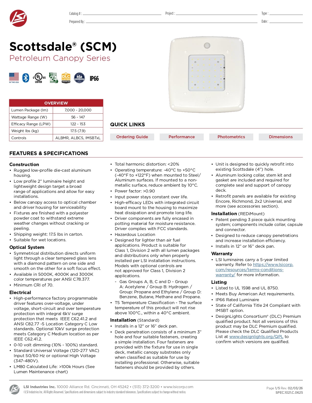 SCM LED 15L SC Luminaria Para Techumbre Scottsdale® Scm 15630 Lumenes 111 Watts Importado Usa